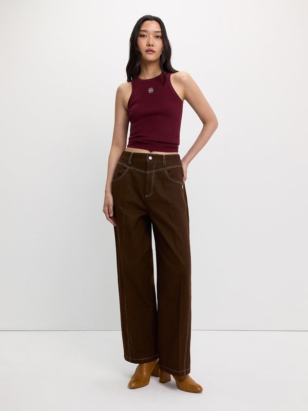 Pomelo Pomelo Contrast Stitch Wide Leg Trousers - Brown