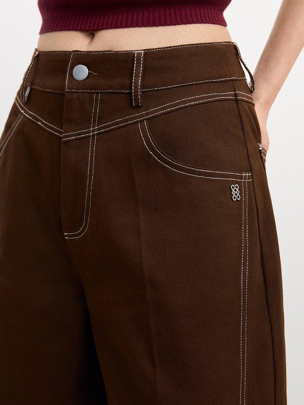 Pomelo Pomelo Contrast Stitch Wide Leg Trousers - Brown