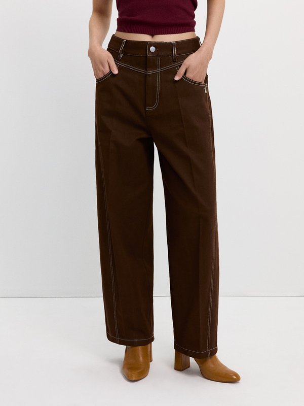 pomelo Pomelo Contrast Stitch Wide Leg Trousers - Brown