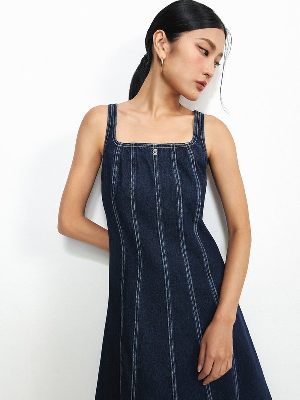 Pomelo Pomelo Contrast Stitching Detail Denim Midi Dress - Blue