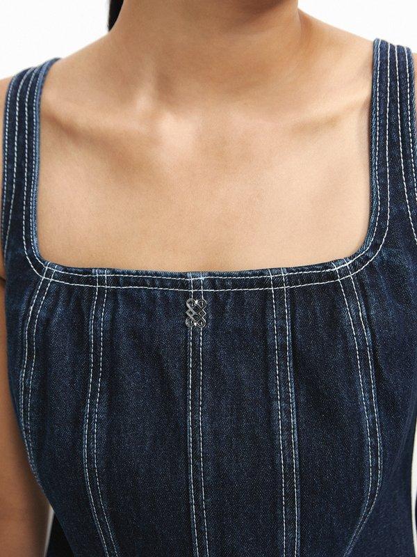 Pomelo Pomelo Contrast Stitching Detail Denim Midi Dress - Blue