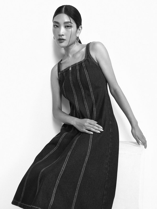 Pomelo Pomelo Contrast Stitching Detail Denim Midi Dress - Blue