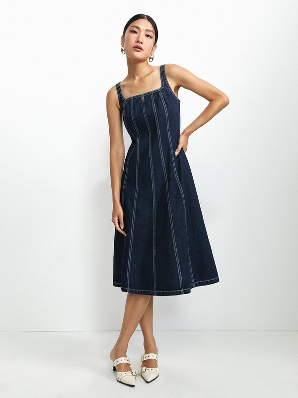 pomelo Pomelo Contrast Stitching Detail Denim Midi Dress - Blue