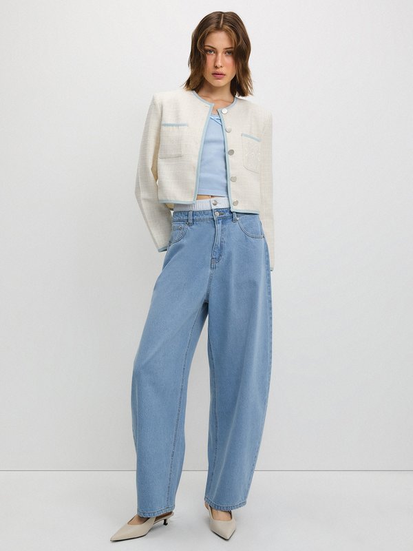 Pomelo Pomelo Contrast Trim Cropped Tweed Jacket - Ivory