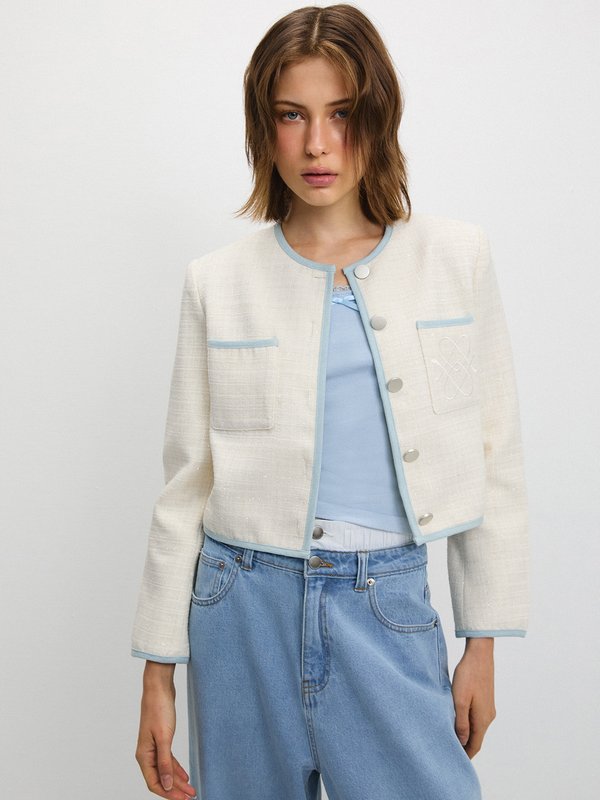 Pomelo Pomelo Contrast Trim Cropped Tweed Jacket - Ivory