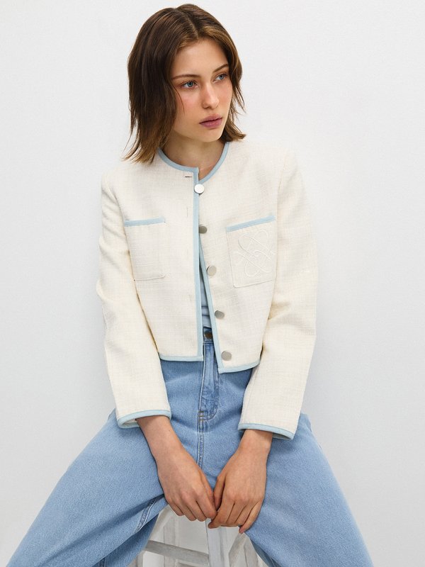 pomelo Pomelo Contrast Trim Cropped Tweed Jacket - Ivory