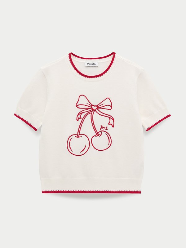 pomelo Pomelo Contrast Trim Embroidered Knit Top - White