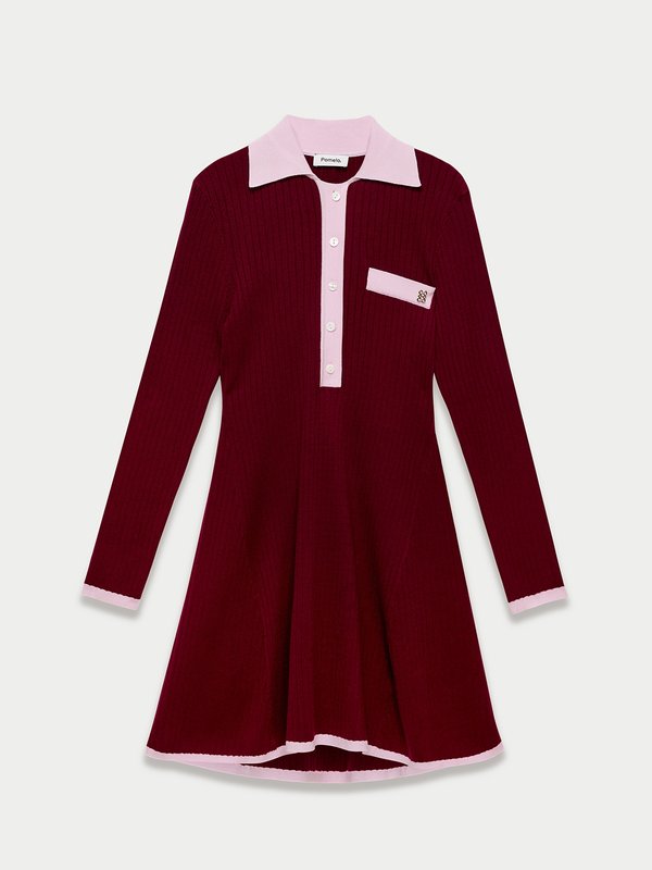 pomelo Pomelo Contrast Trim Knit Polo Dress - Burgundy