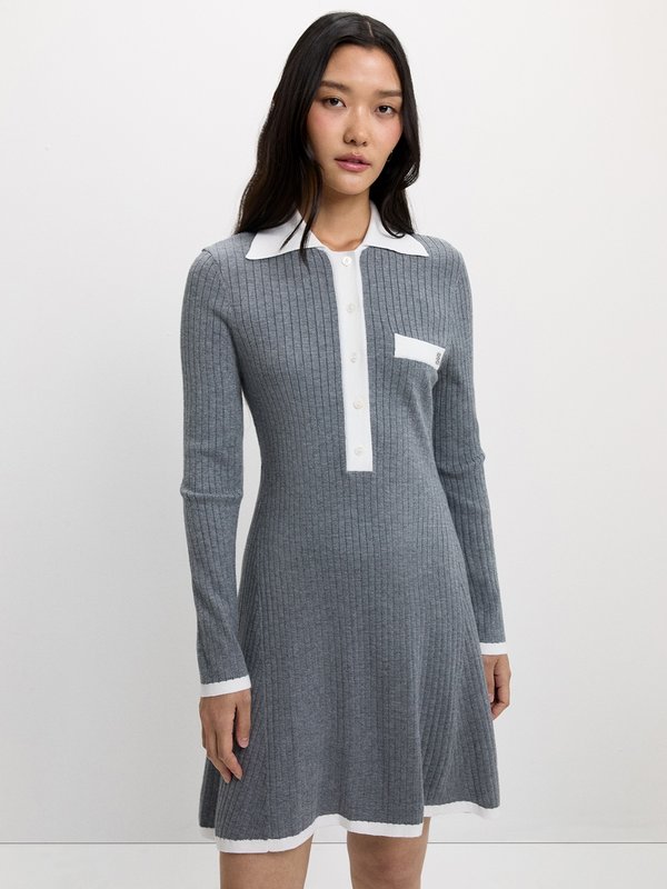 pomelo Pomelo Contrast Trim Knit Polo Dress - Mid Grey