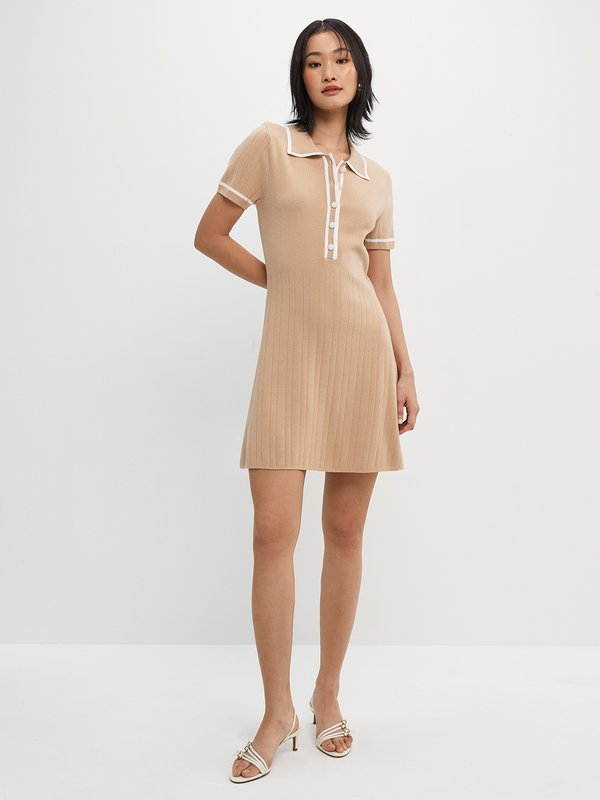 Pomelo Pomelo Contrast Trim Knitted Polo Mini Dress - Cream