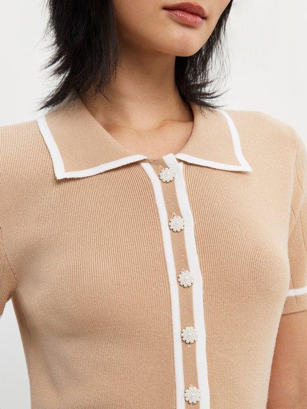 Pomelo Pomelo Contrast Trim Knitted Polo Mini Dress - Cream