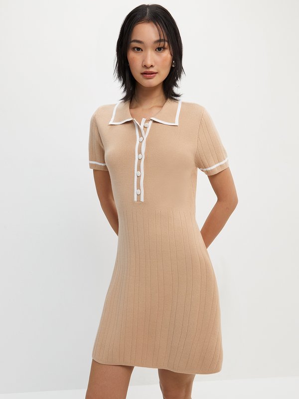 pomelo Pomelo Contrast Trim Knitted Polo Mini Dress - Cream