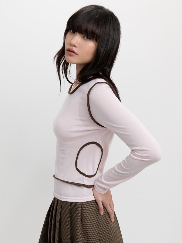 pomelo Pomelo Contrast Trim Sheer Top - Light Pink/Pink