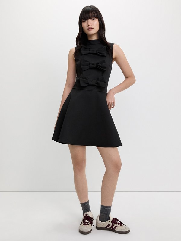 Pomelo Pomelo Crew Neck Bow-Detail Mini Dress - Black
