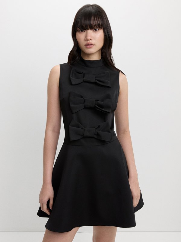 pomelo Pomelo Crew Neck Bow-Detail Mini Dress - Black