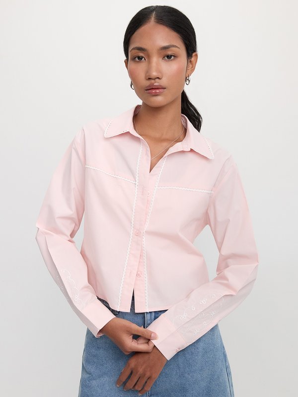 Pomelo Pomelo Cropped Embroidered Sleeves Shirt - Pink