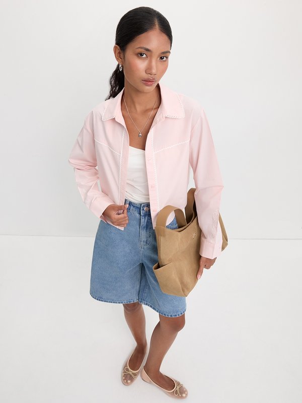 pomelo Pomelo Cropped Embroidered Sleeves Shirt - Pink