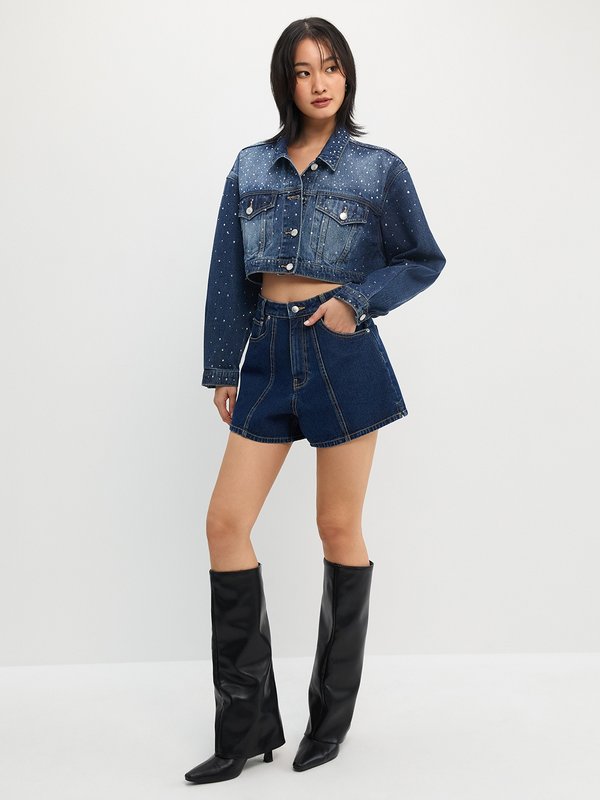 Pomelo Pomelo Cropped Rhinestone Denim Jacket - Dark Blue