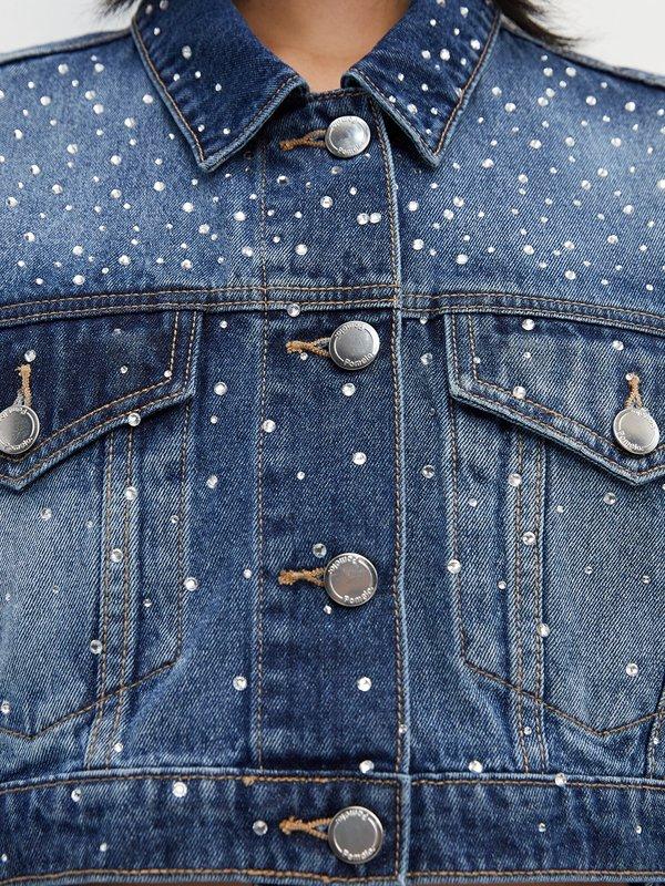 Pomelo Pomelo Cropped Rhinestone Denim Jacket - Dark Blue