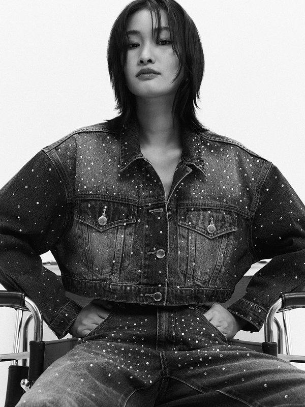 Pomelo Pomelo Cropped Rhinestone Denim Jacket - Dark Blue