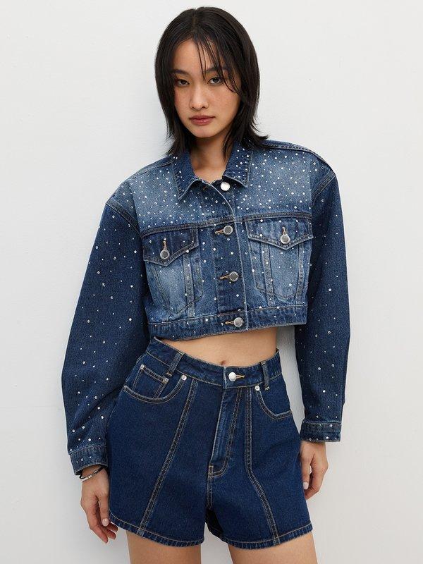 pomelo Pomelo Cropped Rhinestone Denim Jacket - Dark Blue
