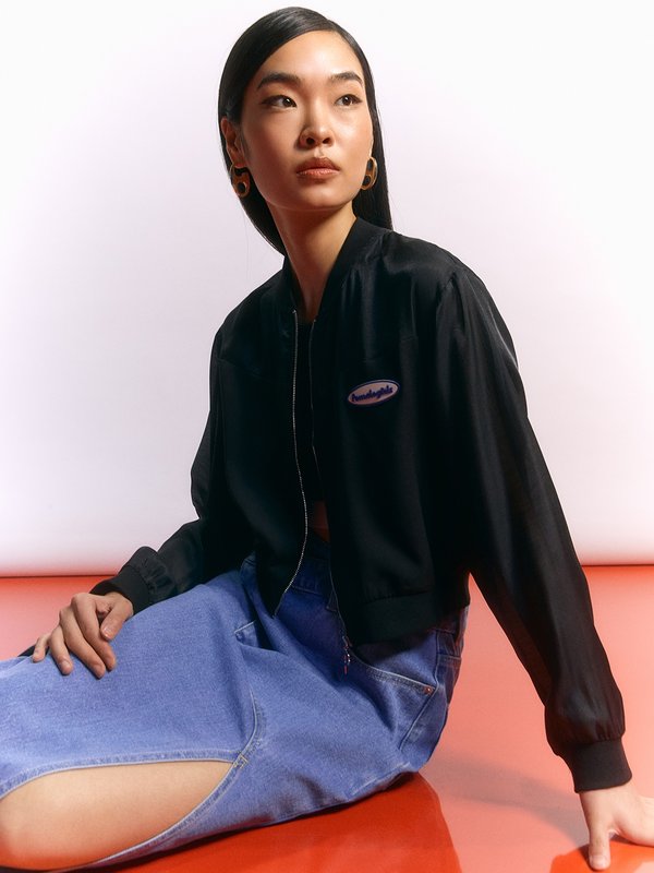 pomelo Pomelo Cropped Zipper Jacket with Embroidered Badge Detail - Black