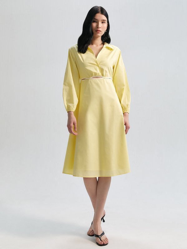 pomelo Pomelo Cuffed Sleeve Midi Dress with Cut Out Detail - Yellow