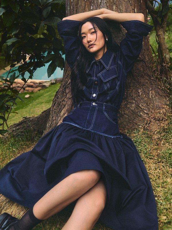 Pomelo Pomelo Denim Contrast Stitch Shirt - Dark Blue