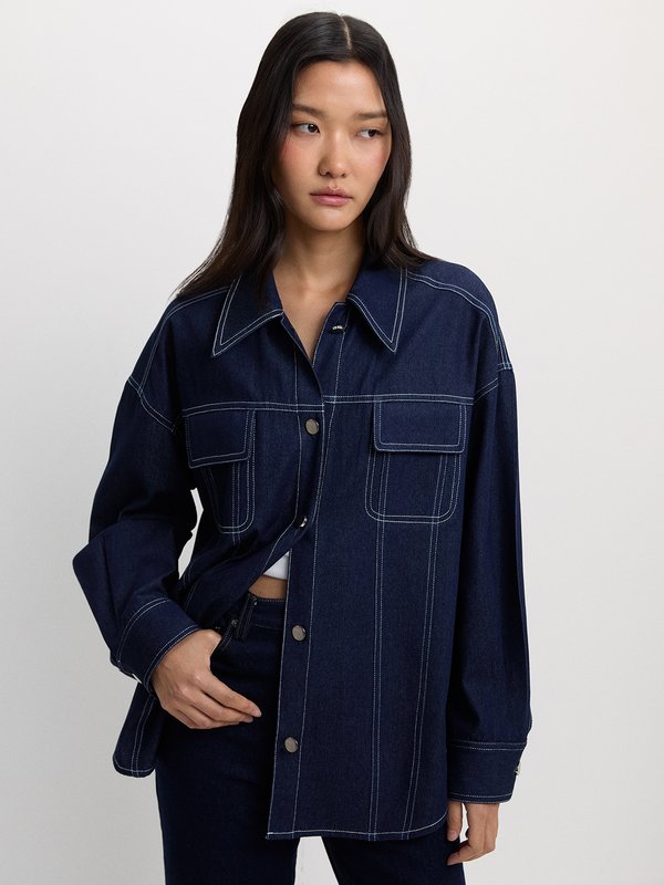 Pomelo Pomelo Denim Contrast Stitch Shirt - Dark Blue