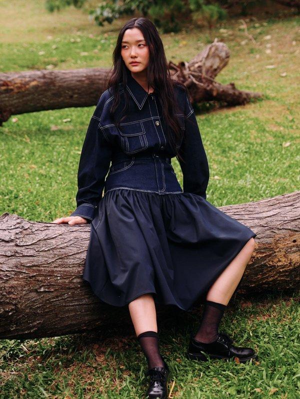 pomelo Pomelo Denim Contrast Stitch Shirt - Dark Blue