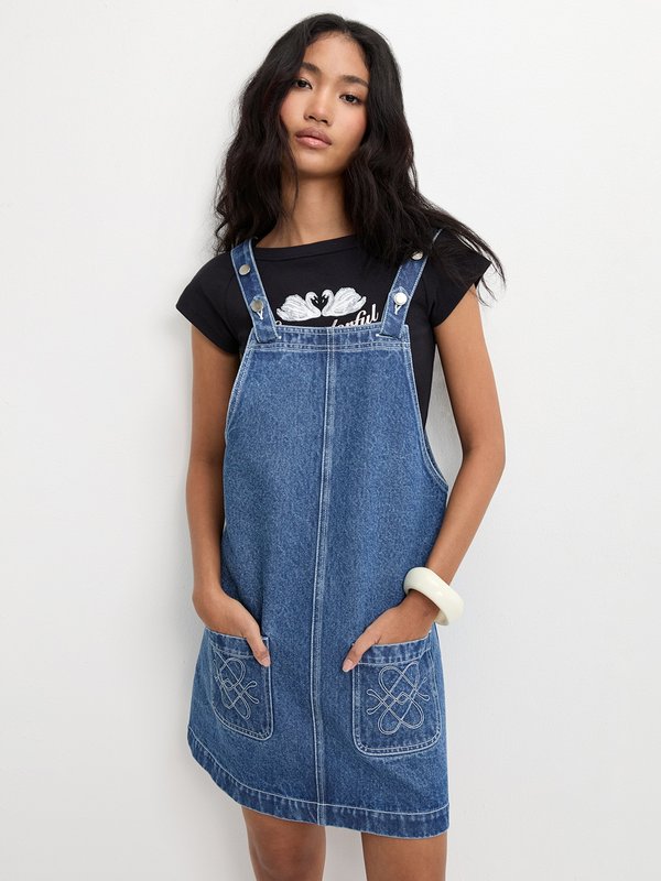 pomelo Pomelo Denim Overall Dress With Pockets - Blue