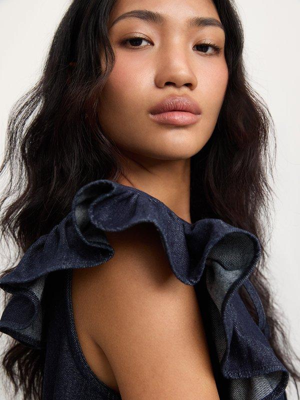 Pomelo Pomelo Denim Peter Pan Collar Ruffle Trim Dress - Navy