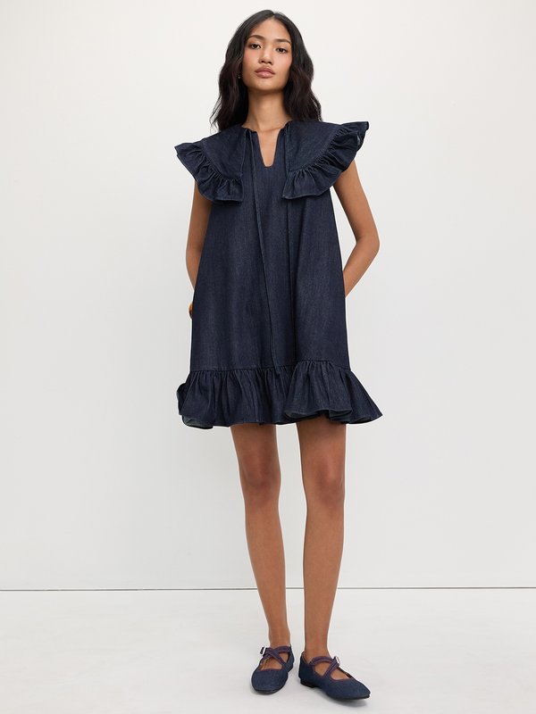 Pomelo Pomelo Denim Peter Pan Collar Ruffle Trim Dress - Navy