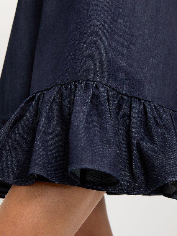 Pomelo Pomelo Denim Peter Pan Collar Ruffle Trim Dress - Navy