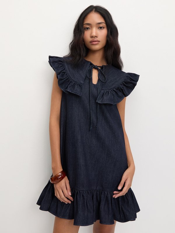 pomelo Pomelo Denim Peter Pan Collar Ruffle Trim Dress - Navy