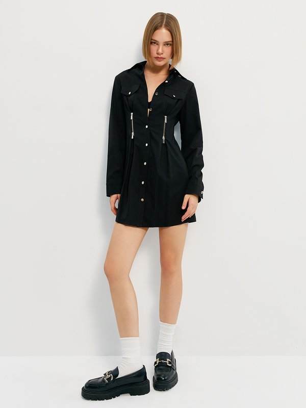 Pomelo Pomelo Double Zipper Detail Utility Mini Dress - Black