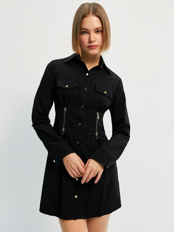 pomelo Pomelo Double Zipper Detail Utility Mini Dress - Black