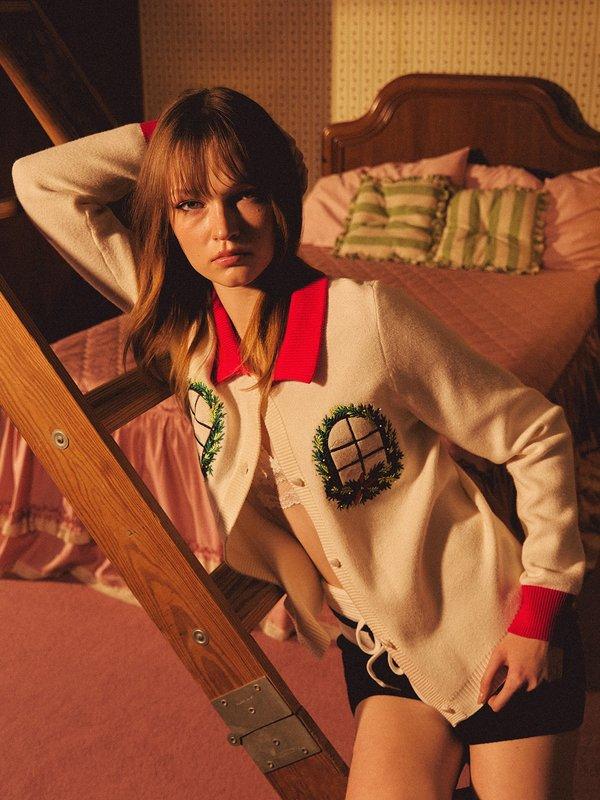 Pomelo Pomelo Embroidered Knit Collar Cardigan - Ivory