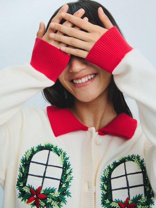 Pomelo Pomelo Embroidered Knit Collar Cardigan - Ivory