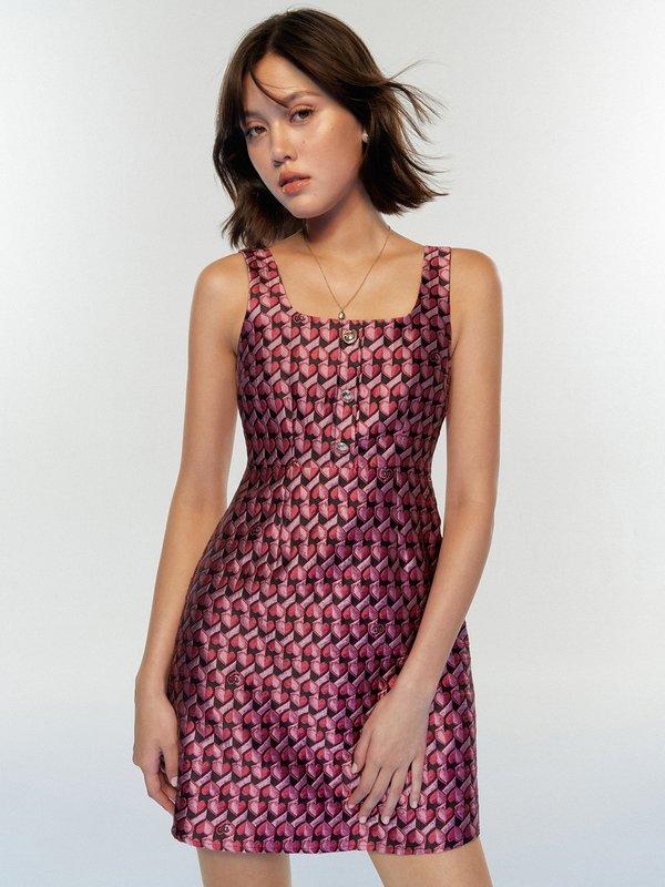 pomelo Pomelo Embroidered Monogram Heart Motif Mini Dress with Button Detail - Pink