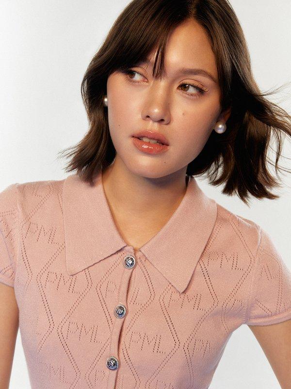 Pomelo Pomelo Eyeleted Monogram Pattern Knitted Mini Dress - Pink