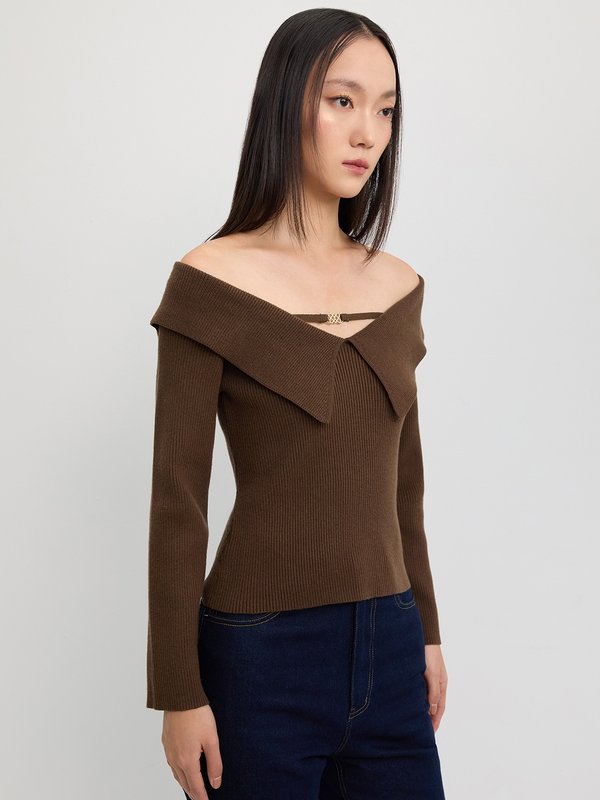 Pomelo Pomelo Flap-Collar Off-Shoulder Knit Top - Brown