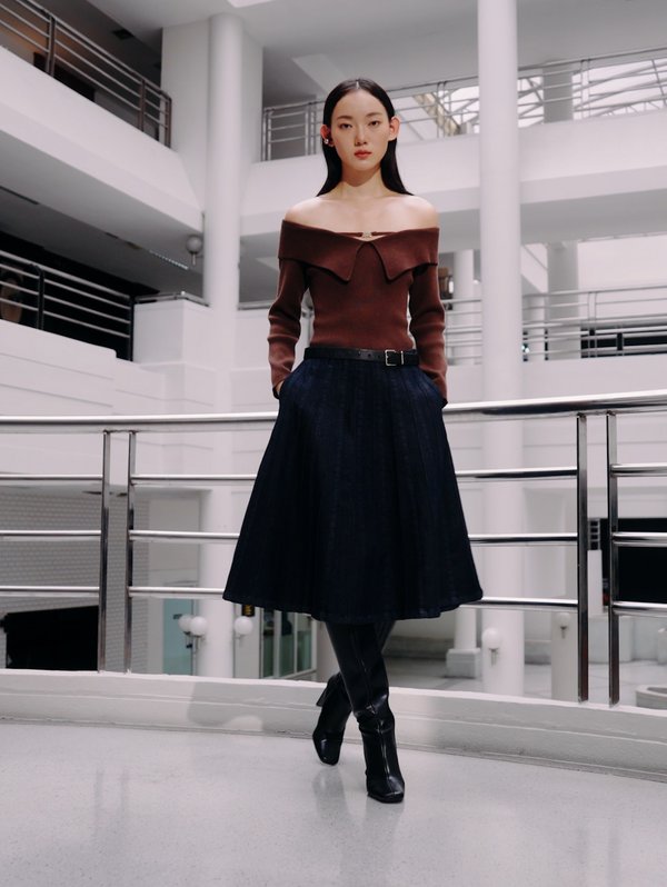 pomelo Pomelo Flap-Collar Off-Shoulder Knit Top - Brown