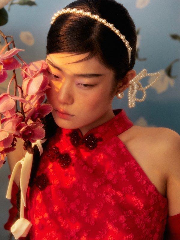 Pomelo Pomelo Floral Embroidery Knot Button Dress - Red