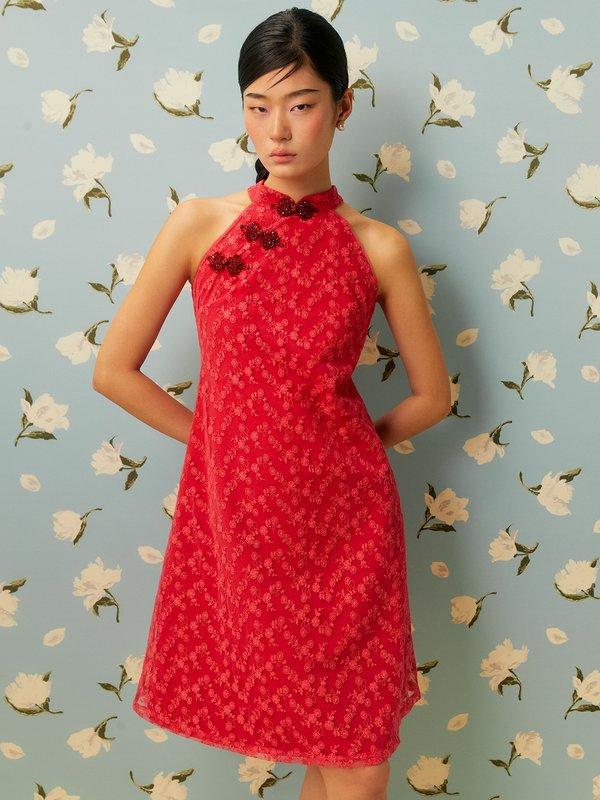 Pomelo Pomelo Floral Embroidery Knot Button Dress - Red