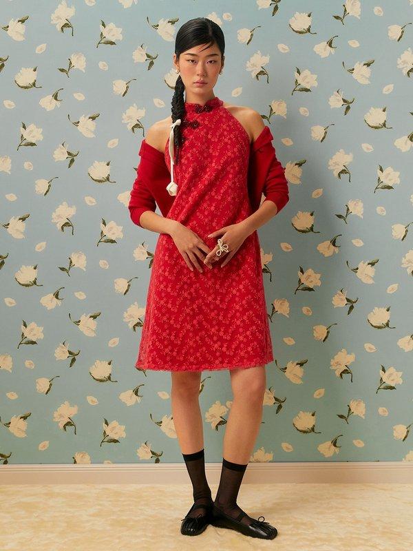 Pomelo Pomelo Floral Embroidery Knot Button Dress - Red