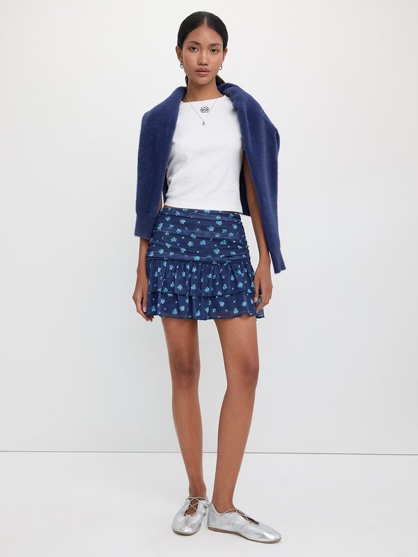 Pomelo Pomelo Floral Ruched Ruffle Hem Mini Skirt - Navy