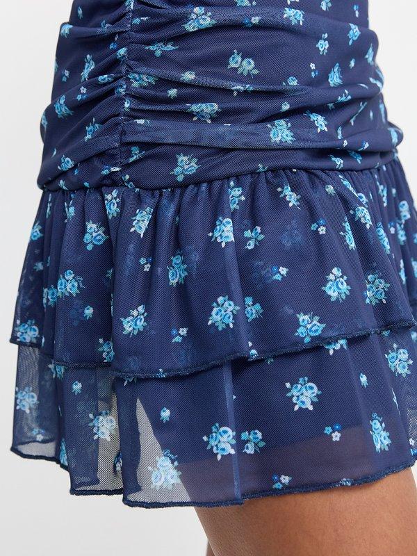Pomelo Pomelo Floral Ruched Ruffle Hem Mini Skirt - Navy