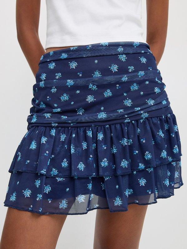 pomelo Pomelo Floral Ruched Ruffle Hem Mini Skirt - Navy