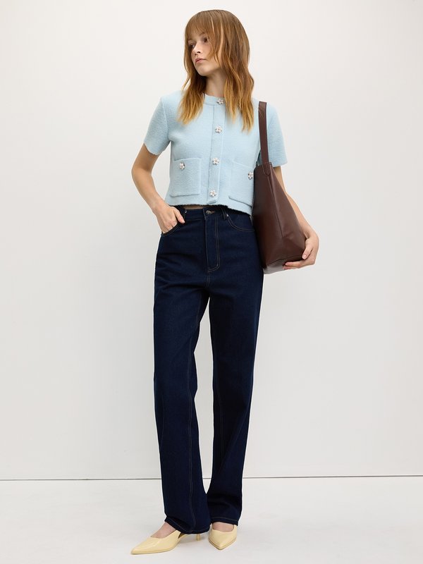 Pomelo Pomelo Flower-Button Cropped Cardigan - Baby Blue